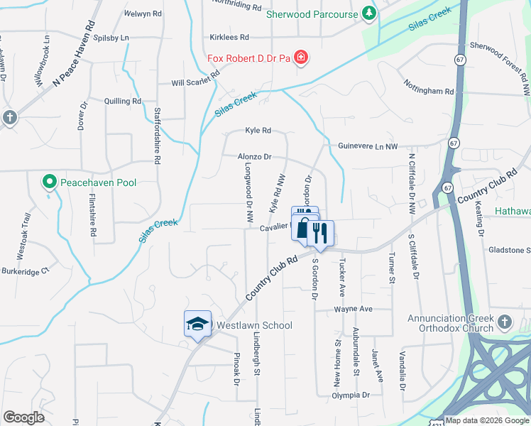 map of restaurants, bars, coffee shops, grocery stores, and more near 204 Kyle Road Northwest in Winston-Salem