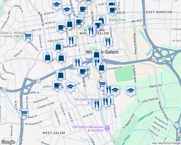 map of restaurants, bars, coffee shops, grocery stores, and more near 241 Cherry Street in Winston-Salem