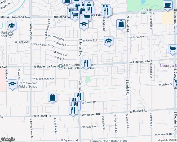 map of restaurants, bars, coffee shops, grocery stores, and more near 6035 Ghost Town Trail in Las Vegas