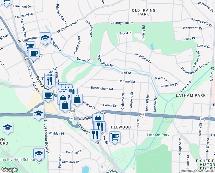 map of restaurants, bars, coffee shops, grocery stores, and more near 1116 Buckingham Road in Greensboro