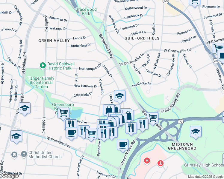 map of restaurants, bars, coffee shops, grocery stores, and more near 917 Pembroke Road in Greensboro