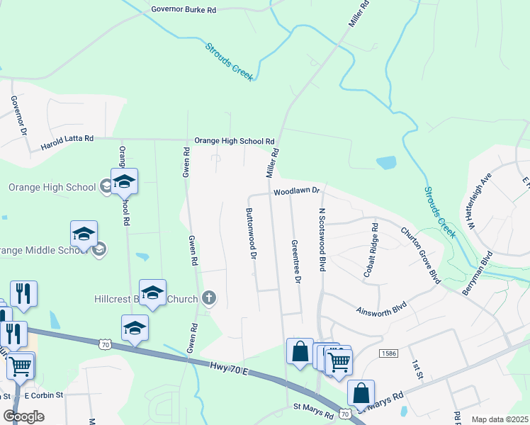 map of restaurants, bars, coffee shops, grocery stores, and more near 704 Miller Road in Hillsborough