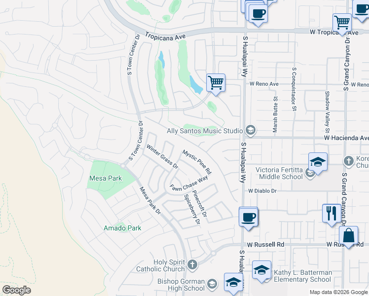map of restaurants, bars, coffee shops, grocery stores, and more near 10400 Mystic Pine Road in Las Vegas