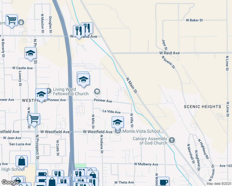 map of restaurants, bars, coffee shops, grocery stores, and more near 1434 Cottage Place in Porterville