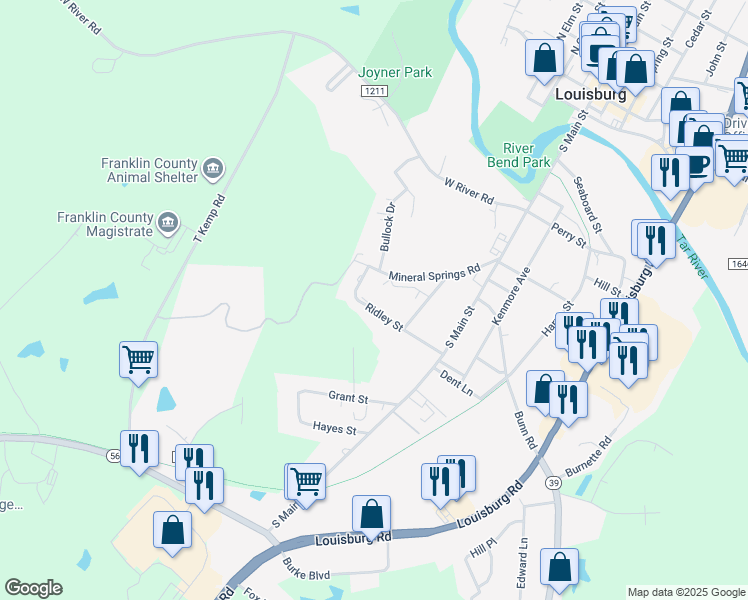 map of restaurants, bars, coffee shops, grocery stores, and more near 425 Ridley Street in Louisburg