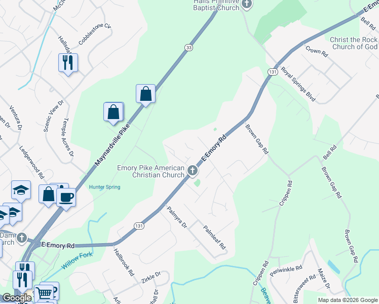 map of restaurants, bars, coffee shops, grocery stores, and more near 7501 Earnhardt Way in Knoxville