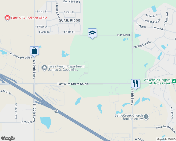 map of restaurants, bars, coffee shops, grocery stores, and more near 5079 South 136th East Avenue in Tulsa