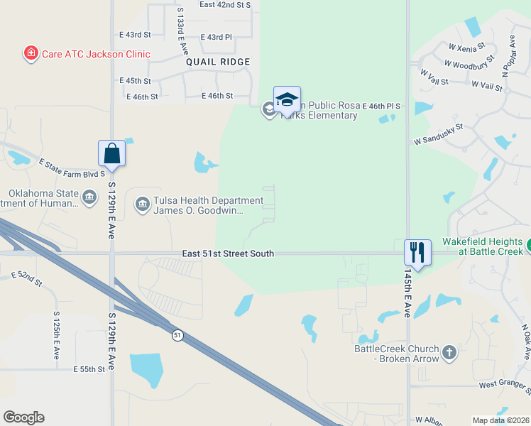 map of restaurants, bars, coffee shops, grocery stores, and more near 5018 South 136th East Avenue in Tulsa