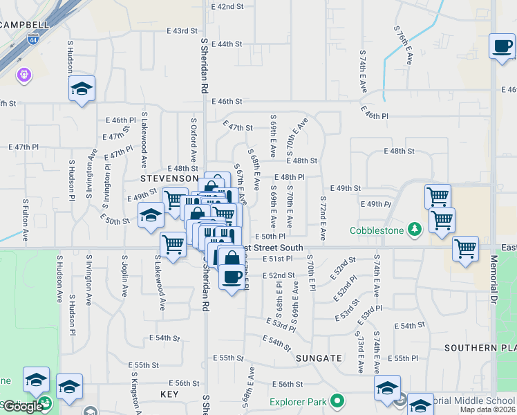 map of restaurants, bars, coffee shops, grocery stores, and more near 6809 East 50th Street in Tulsa