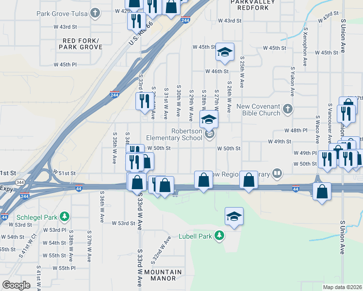 map of restaurants, bars, coffee shops, grocery stores, and more near 5002 South 29th West Avenue in Tulsa