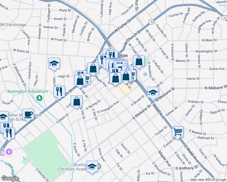 map of restaurants, bars, coffee shops, grocery stores, and more near 430 South Spring Street in Burlington