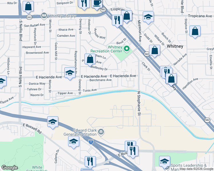 map of restaurants, bars, coffee shops, grocery stores, and more near 5559 Tunis Avenue in Las Vegas