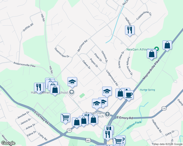 map of restaurants, bars, coffee shops, grocery stores, and more near 7505 Oaken Drive in Knoxville