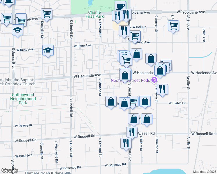 map of restaurants, bars, coffee shops, grocery stores, and more near 5055 West Hacienda Avenue in Las Vegas