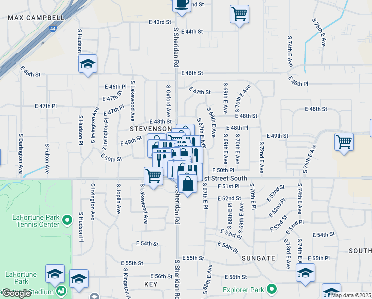map of restaurants, bars, coffee shops, grocery stores, and more near 4853 South Sheridan Road in Tulsa
