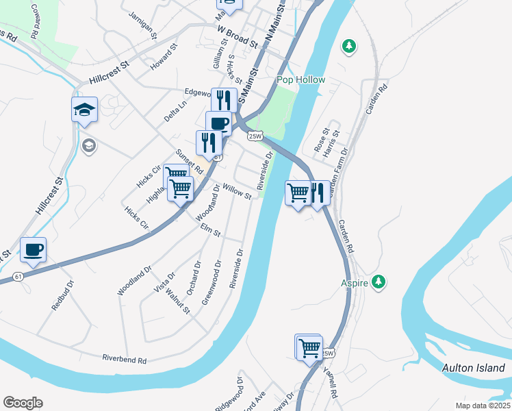 map of restaurants, bars, coffee shops, grocery stores, and more near 404 Riverside Drive in Clinton