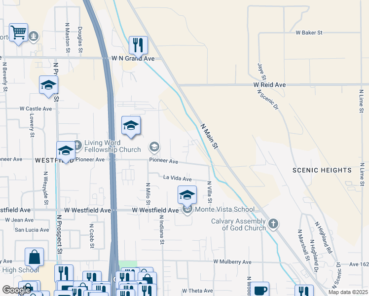 map of restaurants, bars, coffee shops, grocery stores, and more near 1445 Cottage Place in Porterville