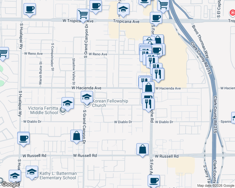 map of restaurants, bars, coffee shops, grocery stores, and more near 9613 Tuscola Court in Las Vegas