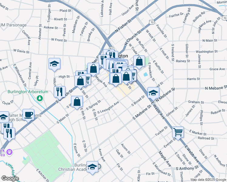 map of restaurants, bars, coffee shops, grocery stores, and more near 430 South Spring Street in Burlington