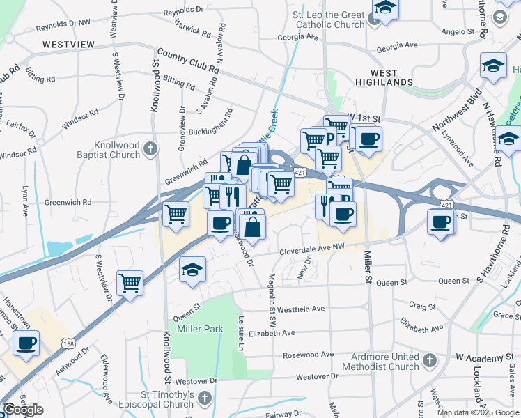 map of restaurants, bars, coffee shops, grocery stores, and more near 259 South Stratford Road in Winston-Salem