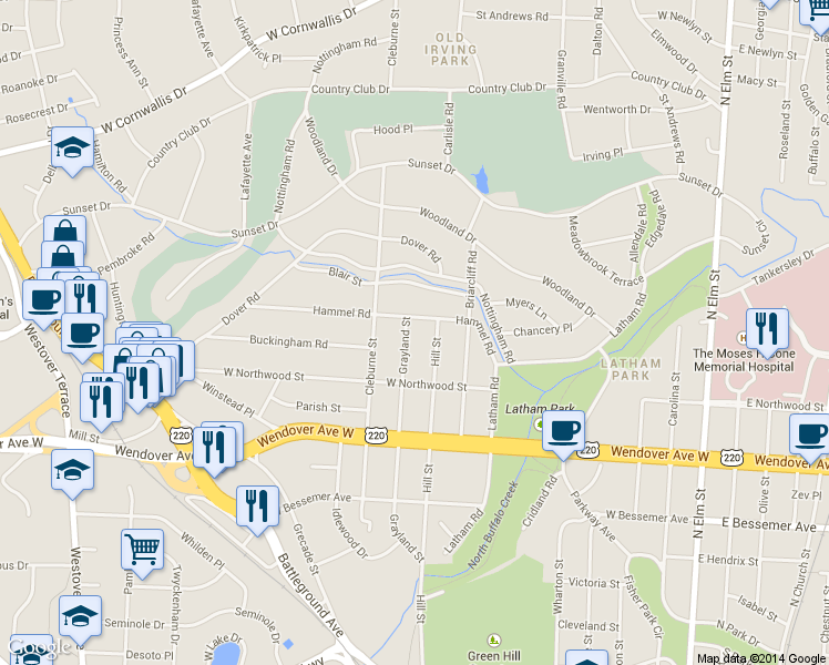 map of restaurants, bars, coffee shops, grocery stores, and more near 1218 Grayland Street in Greensboro