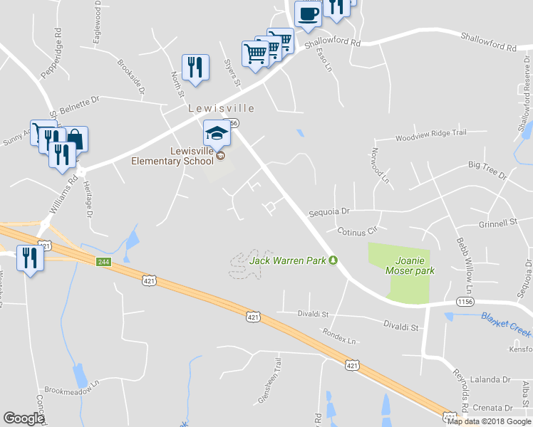 map of restaurants, bars, coffee shops, grocery stores, and more near 410 Cedarbrook Court in Lewisville