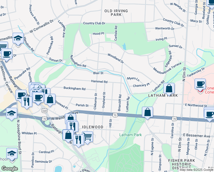 map of restaurants, bars, coffee shops, grocery stores, and more near 1218 Grayland Street in Greensboro