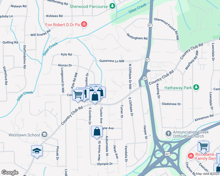 map of restaurants, bars, coffee shops, grocery stores, and more near 3818 Cavalier Drive Northwest in Winston-Salem