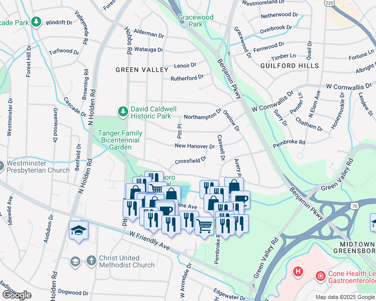 map of restaurants, bars, coffee shops, grocery stores, and more near 2919 New Hanover Drive in Greensboro