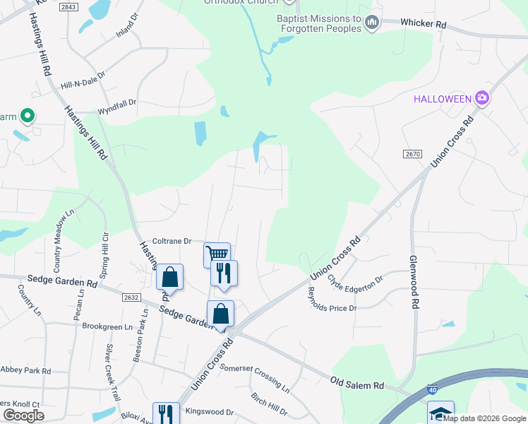 map of restaurants, bars, coffee shops, grocery stores, and more near 218 Greenlawn Drive in Kernersville