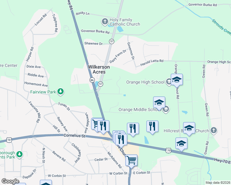 map of restaurants, bars, coffee shops, grocery stores, and more near 211 Rencher Street in Hillsborough