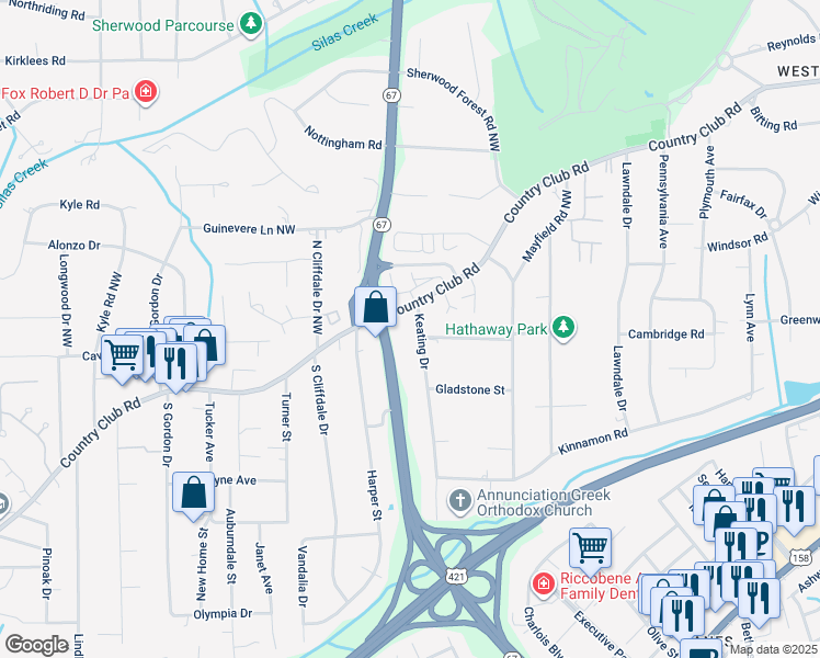 map of restaurants, bars, coffee shops, grocery stores, and more near 4379 Silas Creek Parkway in Winston-Salem