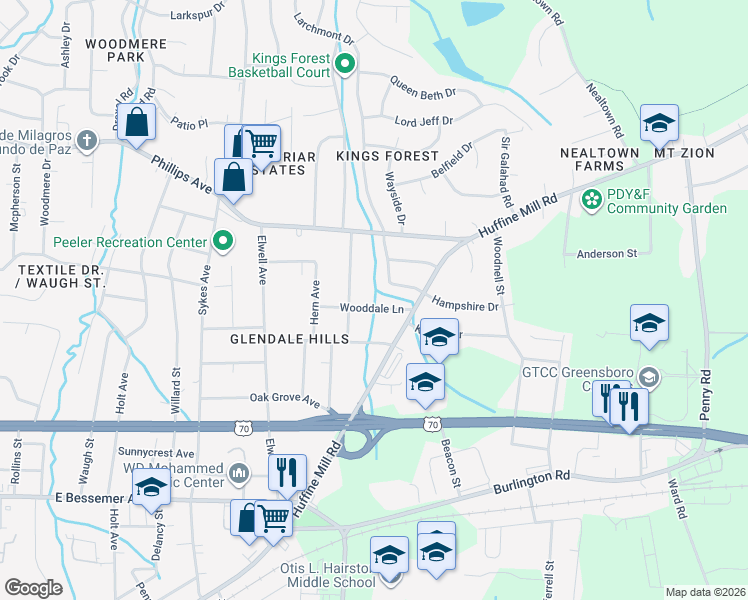 map of restaurants, bars, coffee shops, grocery stores, and more near 4114 Wooddale Lane in Greensboro