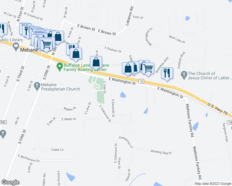 map of restaurants, bars, coffee shops, grocery stores, and more near 207 South 11th Street in Mebane