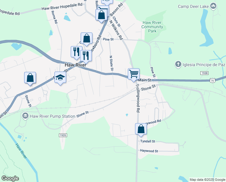 map of restaurants, bars, coffee shops, grocery stores, and more near 834-1192 Stone St in Haw River