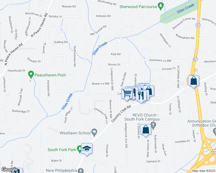 map of restaurants, bars, coffee shops, grocery stores, and more near 4210 Bower Lane Northwest in Winston-Salem