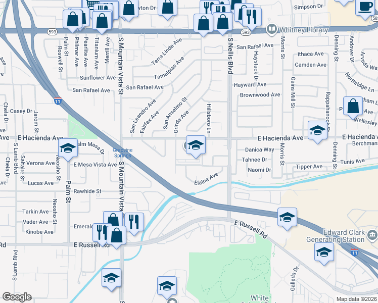 map of restaurants, bars, coffee shops, grocery stores, and more near 5351 Hillsboro Lane in Las Vegas