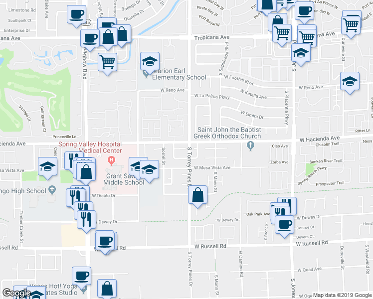 map of restaurants, bars, coffee shops, grocery stores, and more near 5155 South Torrey Pines Drive in Las Vegas