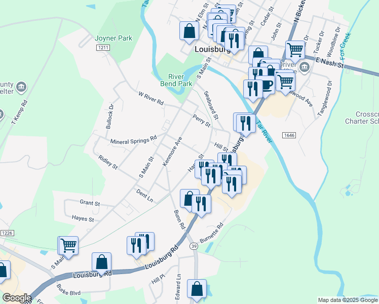 map of restaurants, bars, coffee shops, grocery stores, and more near 115 Harris Street in Louisburg