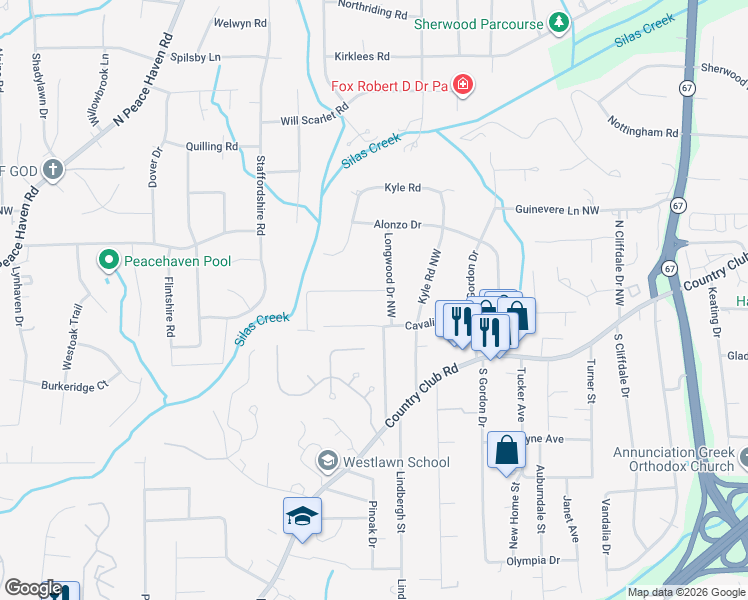 map of restaurants, bars, coffee shops, grocery stores, and more near in Winston-Salem
