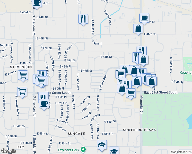 map of restaurants, bars, coffee shops, grocery stores, and more near 7351 East 50th Street in Tulsa