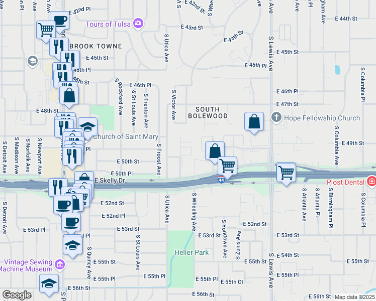 map of restaurants, bars, coffee shops, grocery stores, and more near 4849 South Victor Avenue in Tulsa