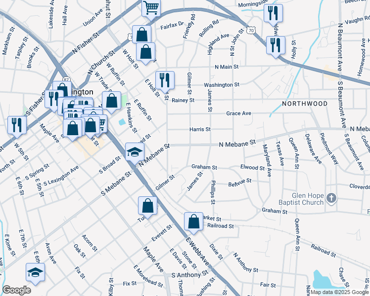 map of restaurants, bars, coffee shops, grocery stores, and more near 619 North Mebane Street in Burlington