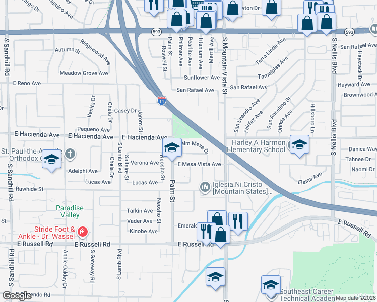 map of restaurants, bars, coffee shops, grocery stores, and more near 4466 Palm Grove Drive in Las Vegas