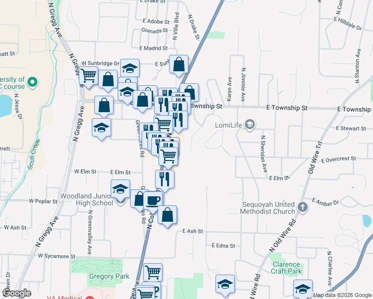 map of restaurants, bars, coffee shops, grocery stores, and more near 2190 North College Avenue in Fayetteville