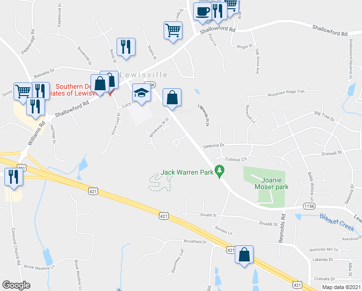 map of restaurants, bars, coffee shops, grocery stores, and more near 540 Cedarbrook Court in Lewisville