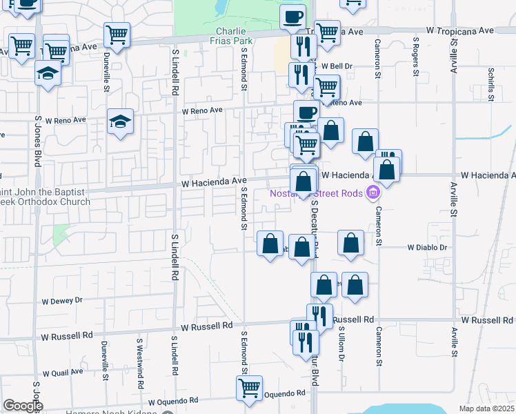 map of restaurants, bars, coffee shops, grocery stores, and more near 5055 West Hacienda Avenue in Las Vegas