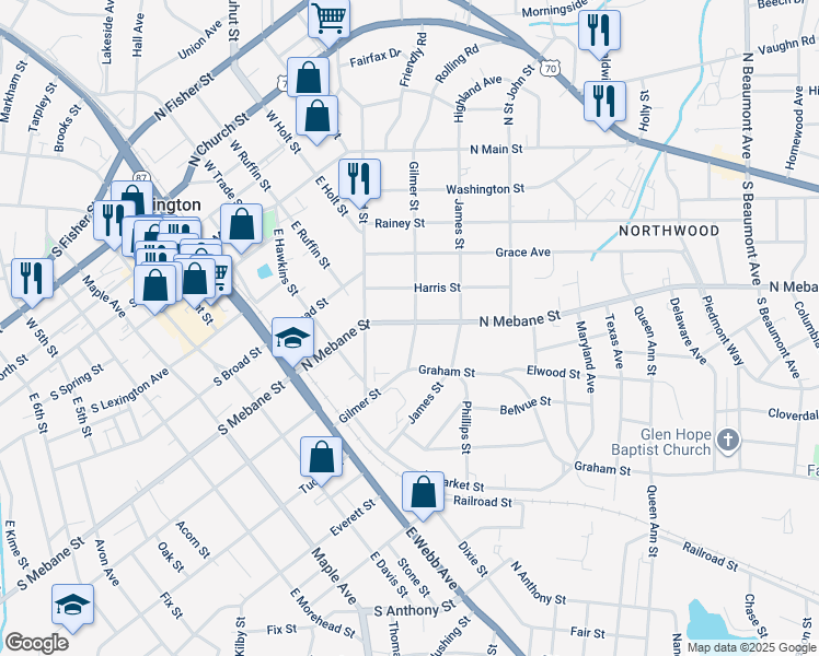 map of restaurants, bars, coffee shops, grocery stores, and more near 625 North Mebane Street in Burlington