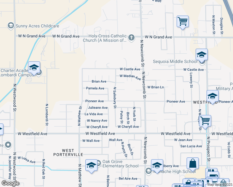 map of restaurants, bars, coffee shops, grocery stores, and more near 1440 North Salisbury Street in Porterville