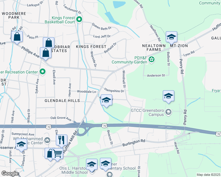 map of restaurants, bars, coffee shops, grocery stores, and more near 4207 Hampshire Drive in Greensboro